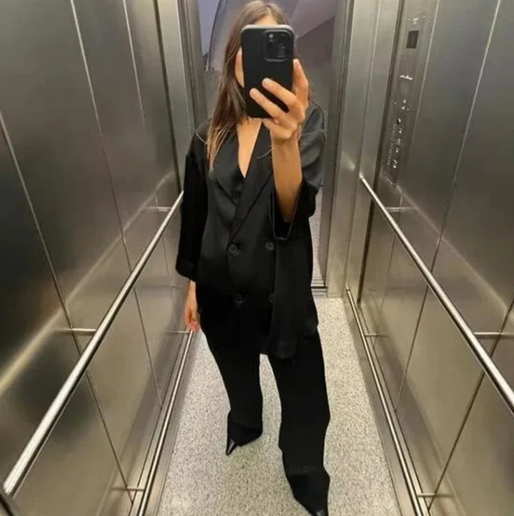 Chic Double-Breasted Blazer & Wide-Leg Pants Set VestiVogue