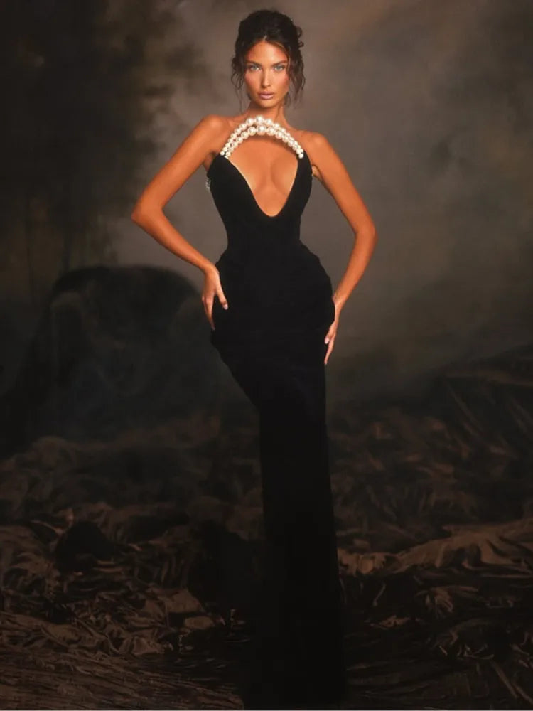 Strapless Backless Pearl Black Maxi Bodycon Dress VestiVogue black L