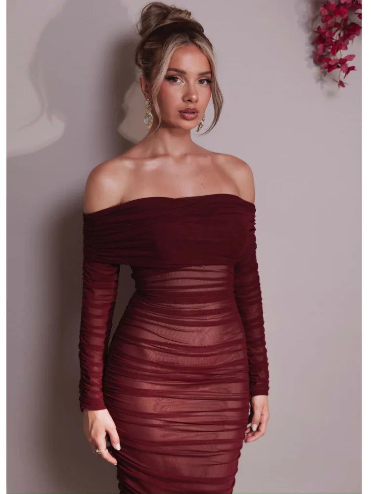 Elegant One Shoulder Mesh Long Sleeve Bodycon Evening Dress VestiVogue  