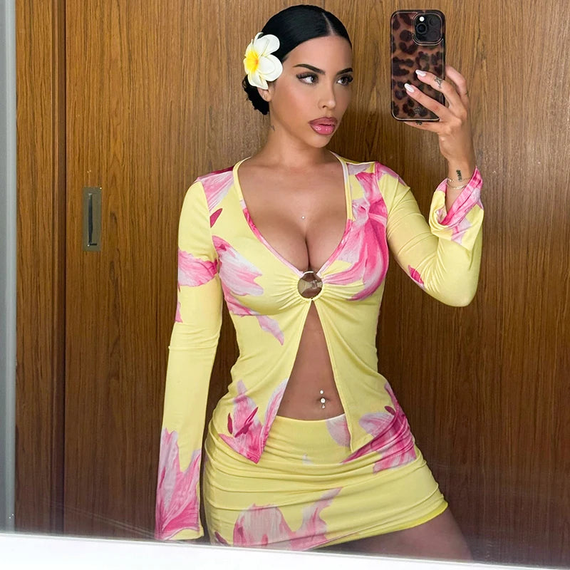 Floral Print V-Neck Slit Top and Mini Skirt Set VestiVogue Yellow L