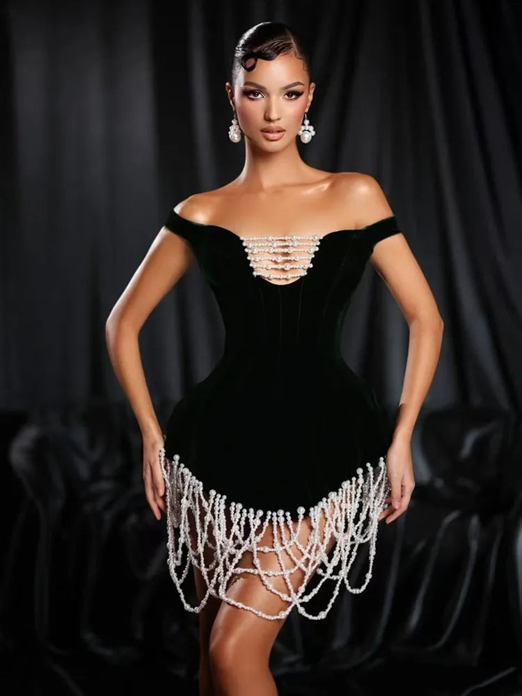 Elegant Off-Shoulder Black Bodycon Dress with Pearl Detail VestiVogue black XS