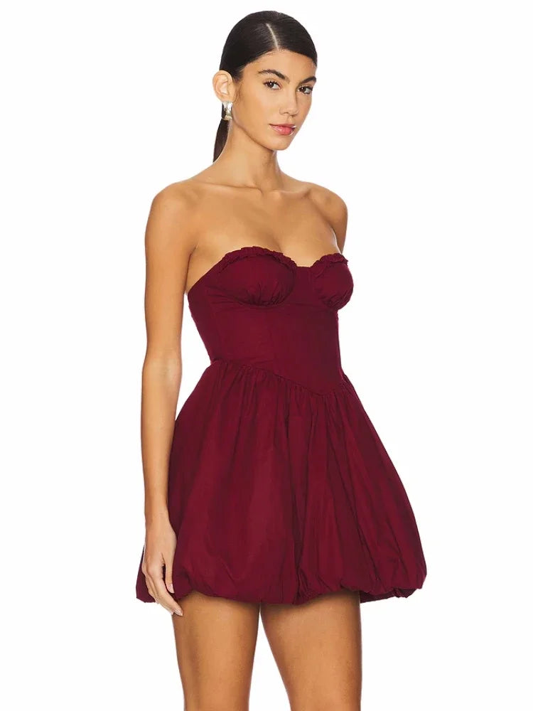 Burgundy Ruffles Strapless Mini Dress VestiVogue