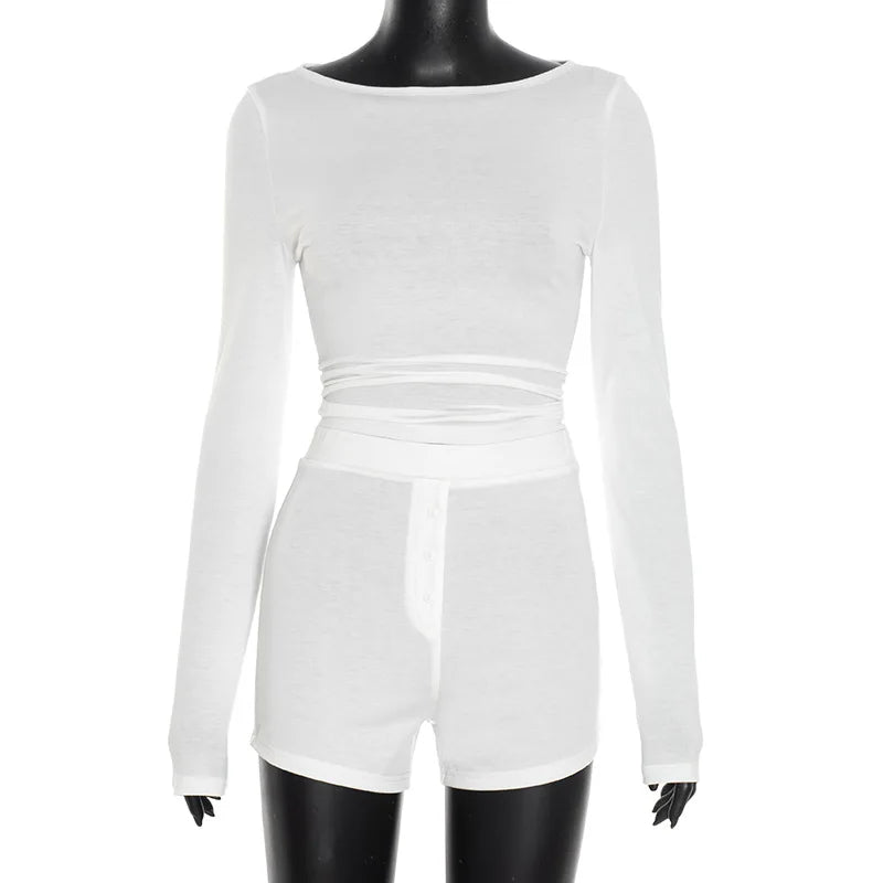 Chic Long Sleeve Top and Shorts Set - Effortless Loungewear Elegance VestiVogue White 1906 S