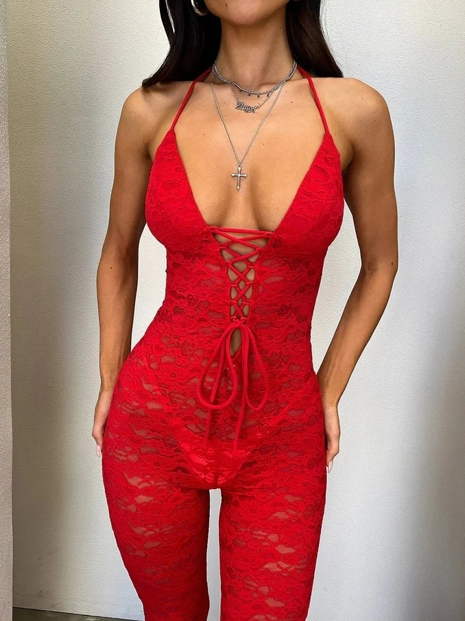 Luxe Lace Backless Jumpsuit VestiVogue Red S