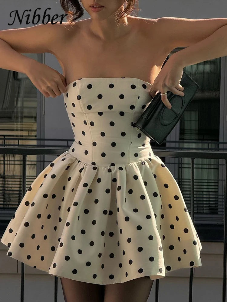 Dots Print Backless Mini Dress with Bow Applique and Ruffles VestiVogue