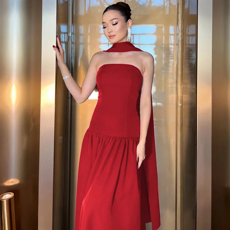 Strapless Back Lace Up Long Evening Dress VestiVogue Red L