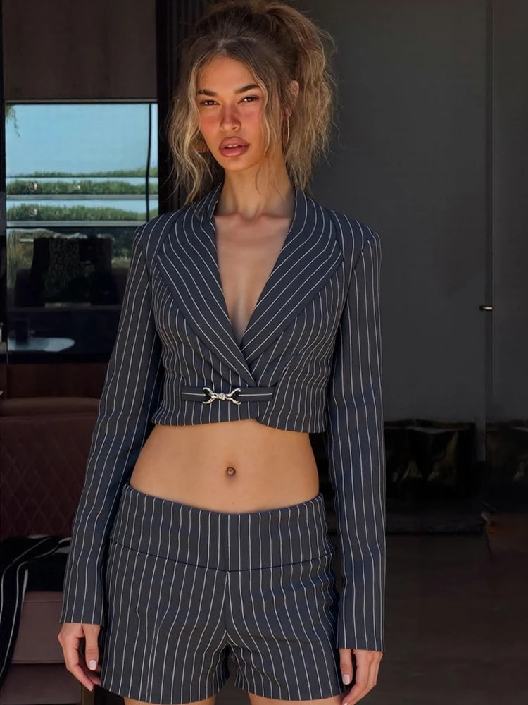 Striped V-Neck Crop Top and Mini Shorts Set VestiVogue