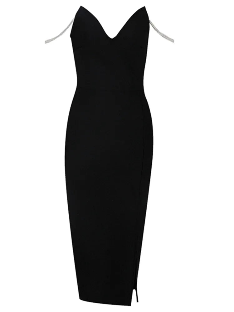 Elegant Off-Shoulder Black Pearl Split Midi Dress VestiVogue