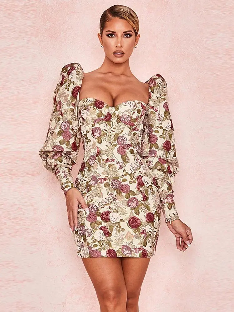 Flower Beige Bodycon V-Neck Mini Dress VestiVogue Floral L