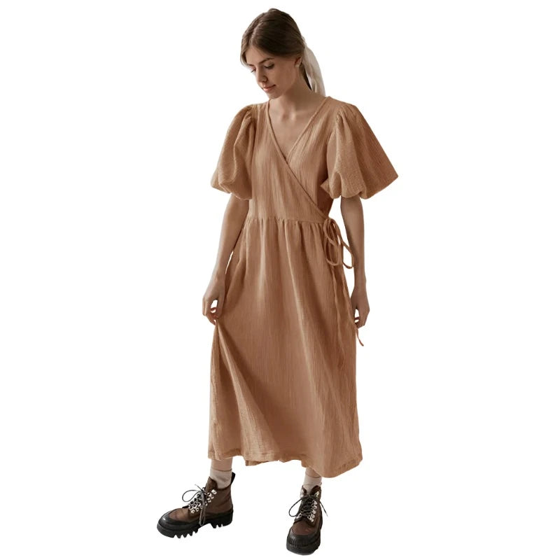 Short Sleeve summer Dress VestiVogue khaki One Size