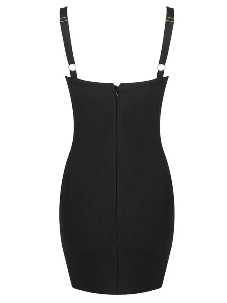 V Neck Mini Black Bandage Bodycon Dress VestiVogue  