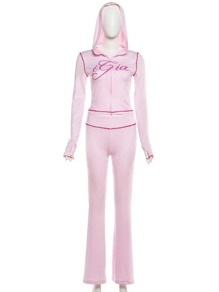 Sporty Chic Hooded Zip Crop Top & Flare Pants Set VestiVogue