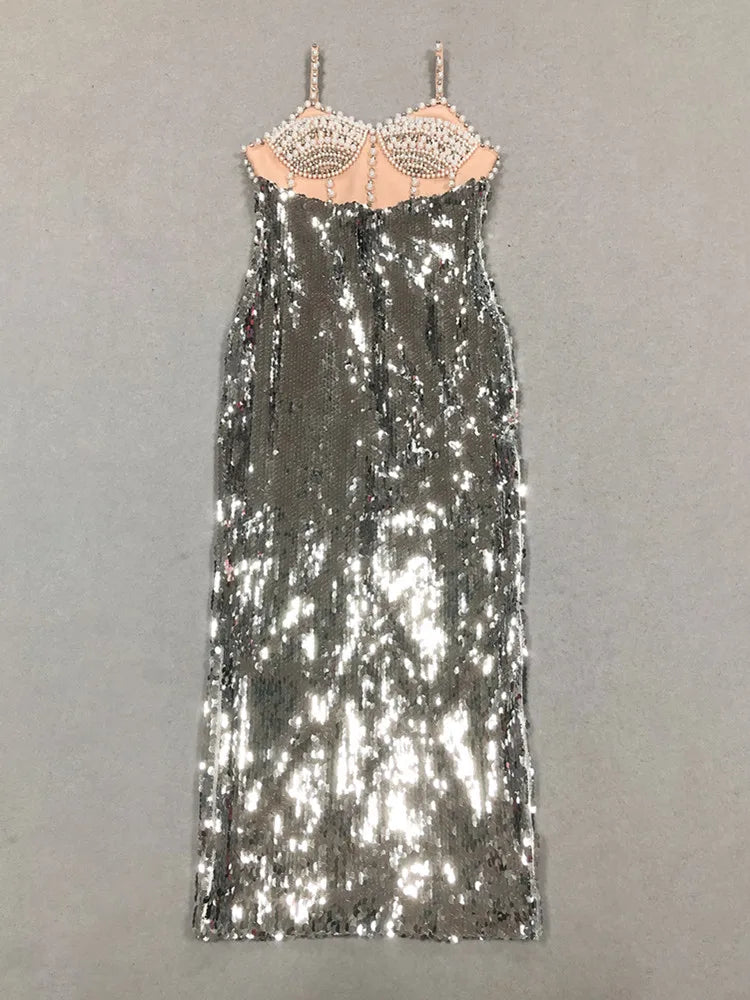 Alluring Backless Silver Sequin Maxi Dress VestiVogue