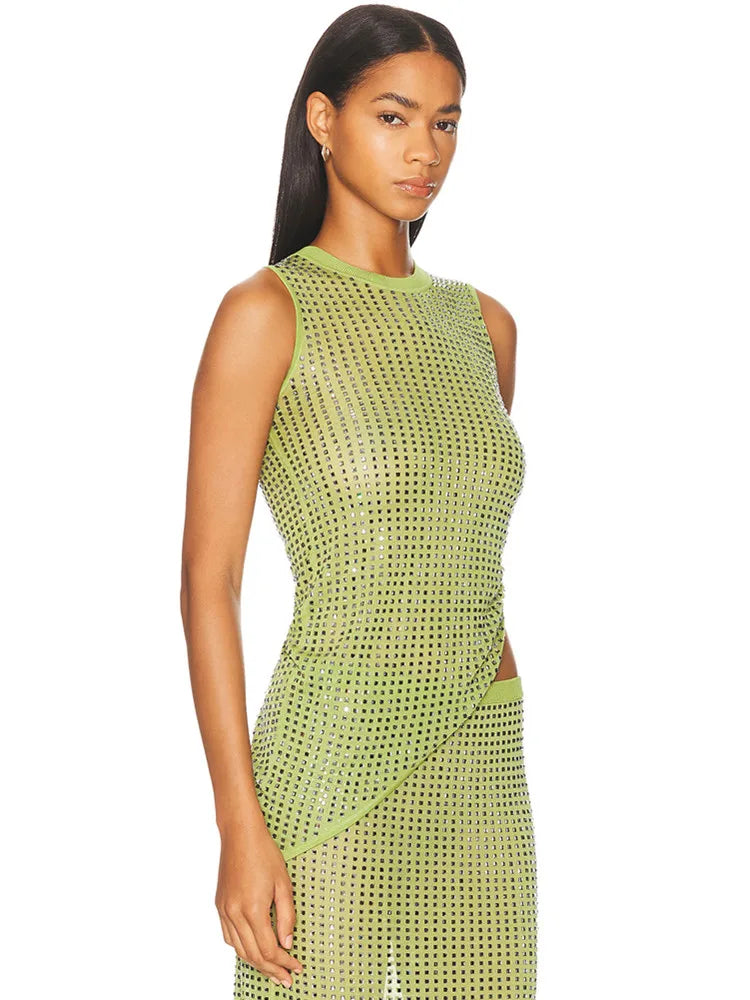 Green Diamond Applique Midi Two-Piece Skirt Set VestiVogue