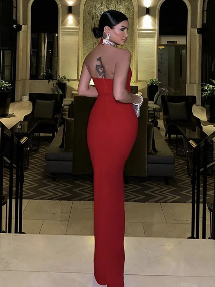 Long Red Bodycon Bandage Dress - Elegant Halter Backless Evening Party Dress VestiVogue  