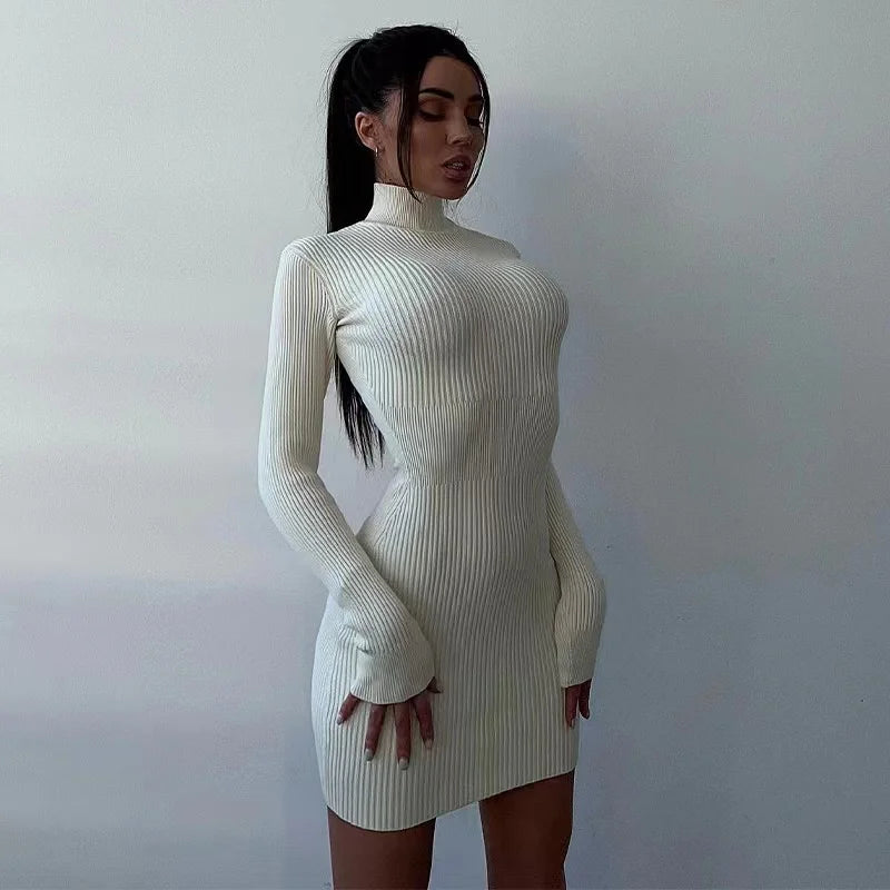 Chic Knitted Turtleneck Bodycon Midi Dress VestiVogue White mini LYQ252 M