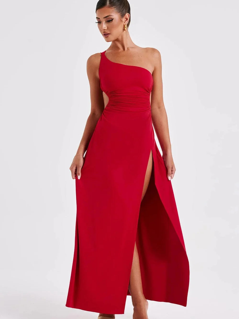 Skew Shoulder Evening Dress with High Split VestiVogue Red L