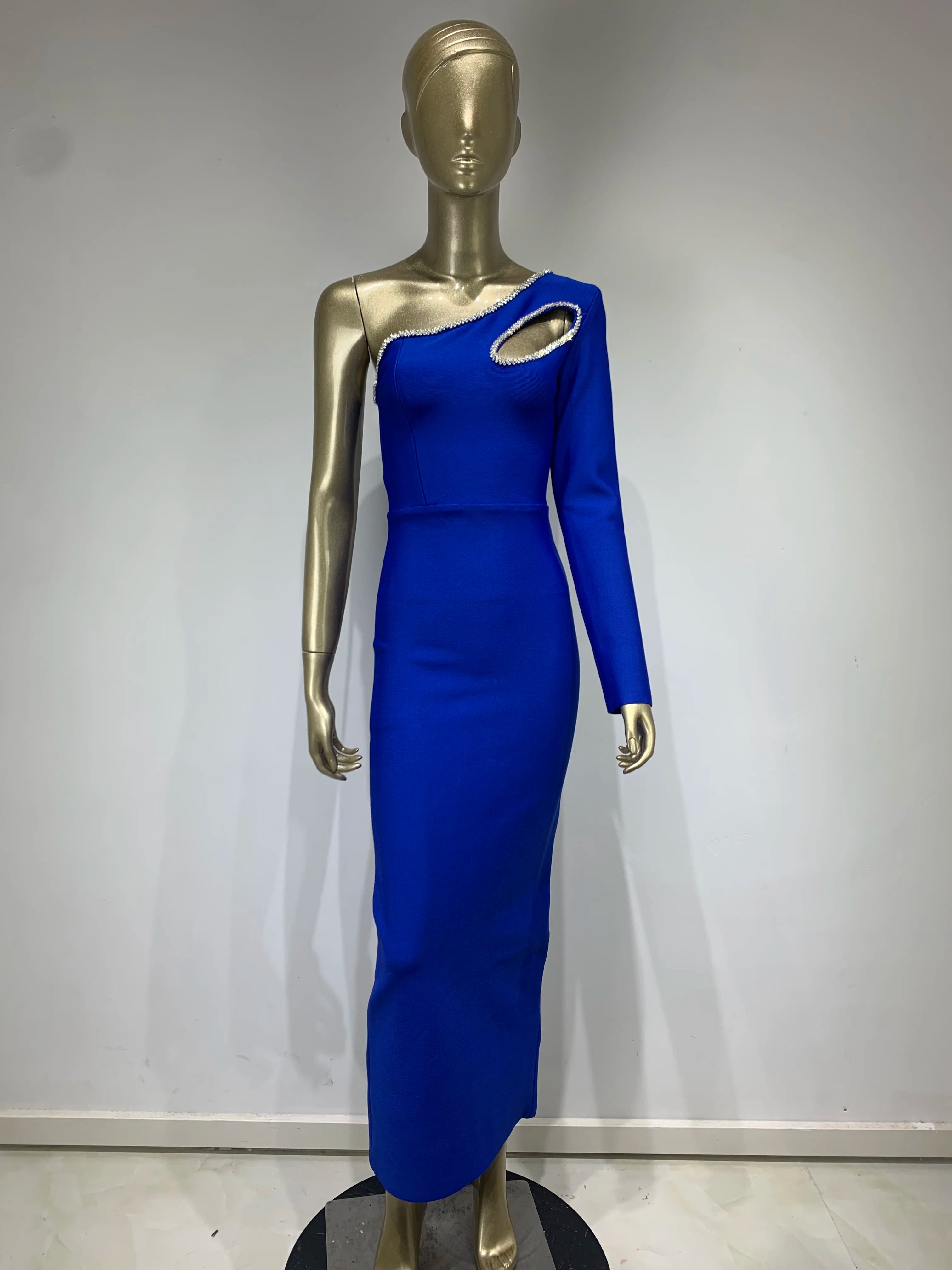 One-Shoulder Blue Bandage Dress with Diamond Accents VestiVogue  