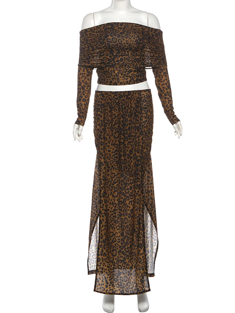 Leopard Print Slash Neck Crop Top & Ruched Peach Skirt Set VestiVogue