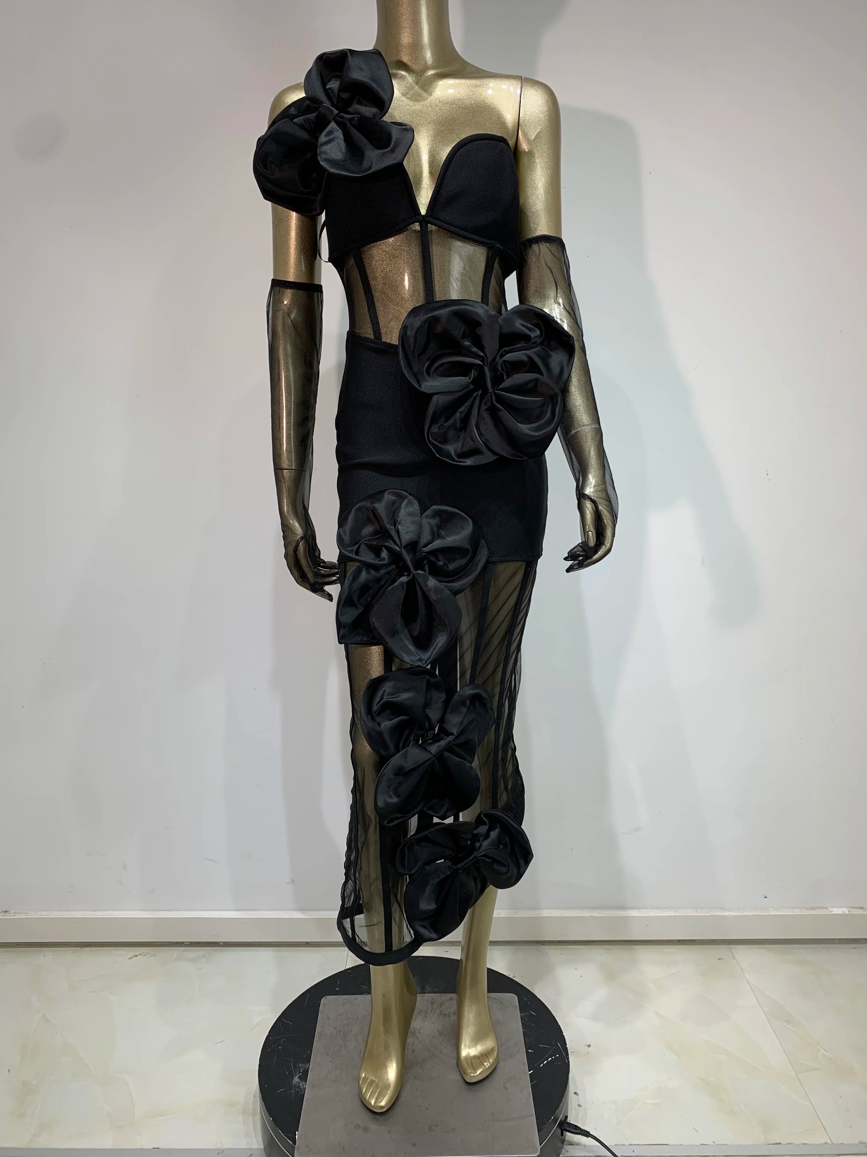 One-Shoulder Black Mesh Bodycon Midi Dress with Diamond Accents VestiVogue