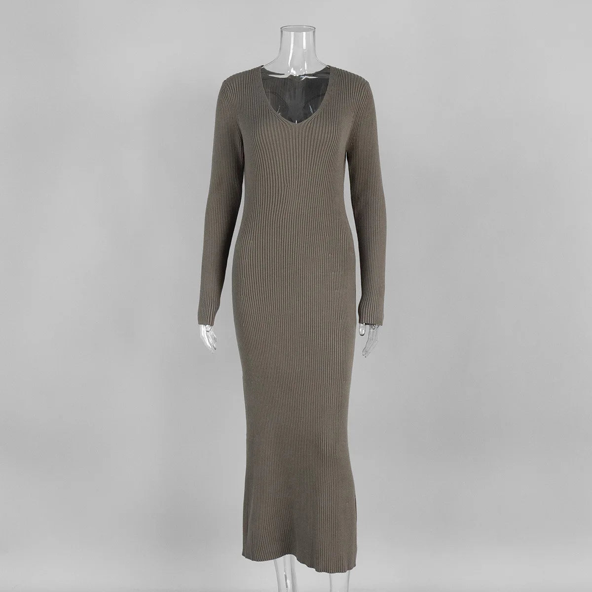 Elegant Long Sleeve V-Neck Knitted Maxi Dress VestiVogue Coffee 1992 L
