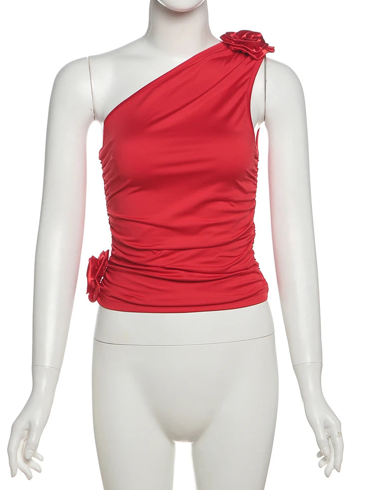 3D Flower Skew Collar Ruched Tank Top VestiVogue