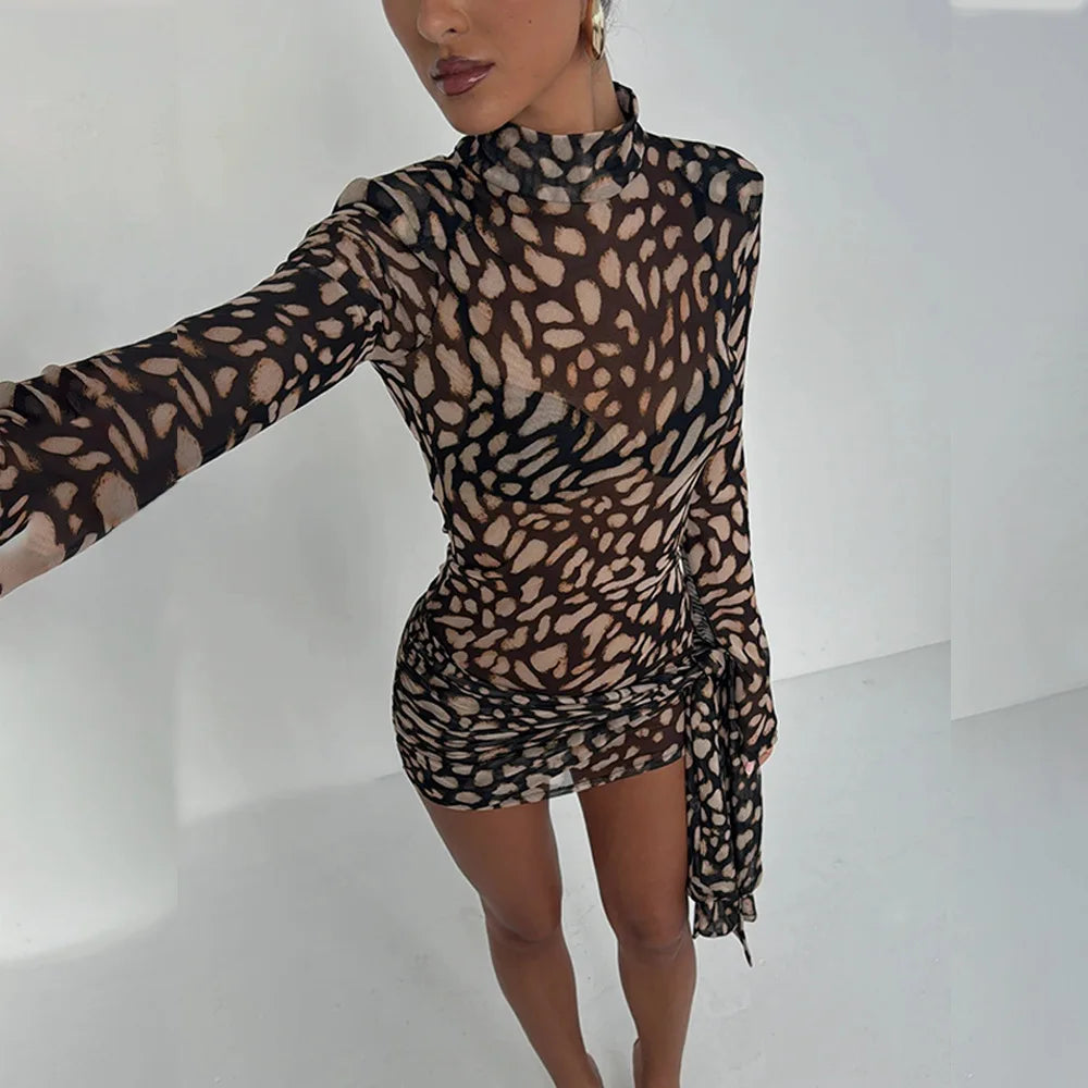 Sheer Leopard Print Turtleneck Mini Dress VestiVogue