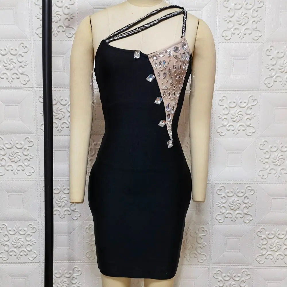 Elegant One-Shoulder Beaded Mini Dress VestiVogue