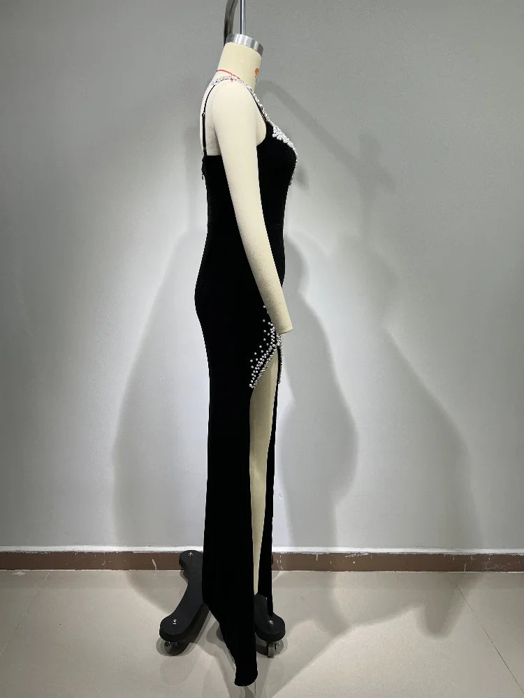 Chic Black Velvet Beaded Crystal Maxi Dress VestiVogue  