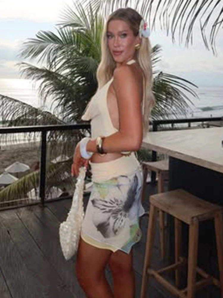 Chic Backless Lace-Up Tank & Pleated Mini Skirt Set with Mesh Bottoms VestiVogue