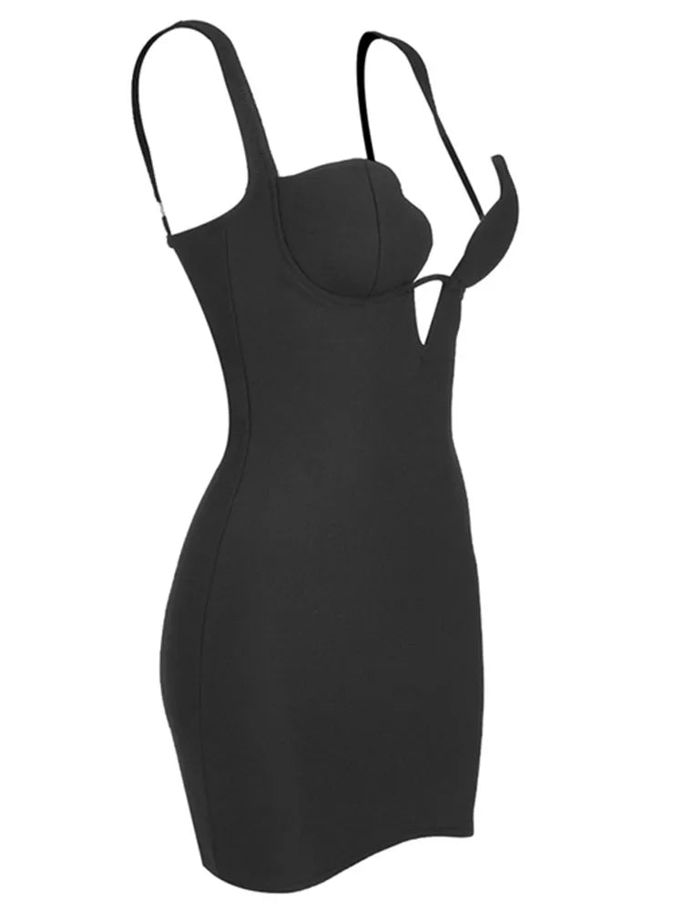 V Neck Mini Black Bandage Bodycon Dress VestiVogue  