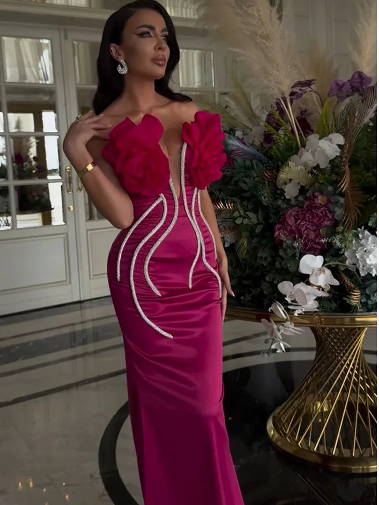 Strapless Backless Pink Beaded Maxi Dress VestiVogue Fuchsia L
