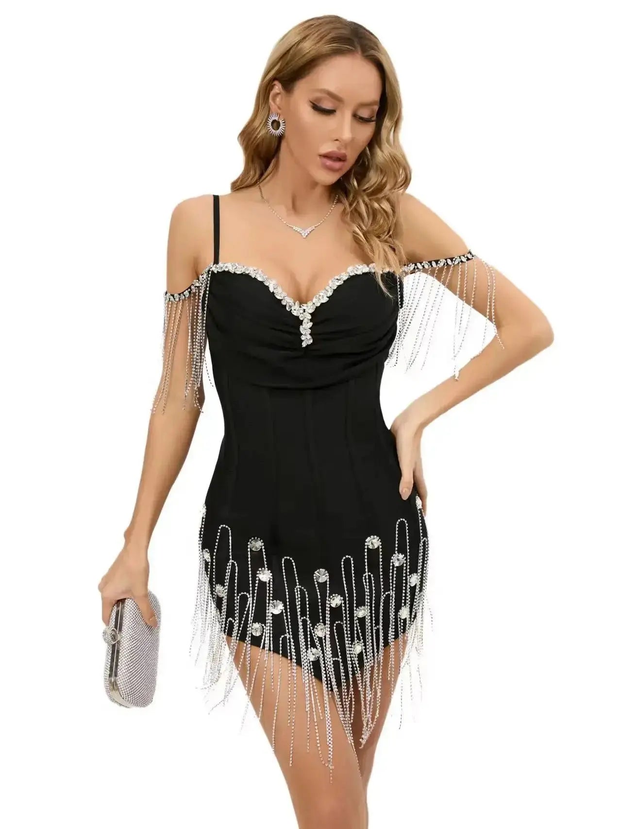 Crystal Tassel Bodycon Mini Dress VestiVogue black XS