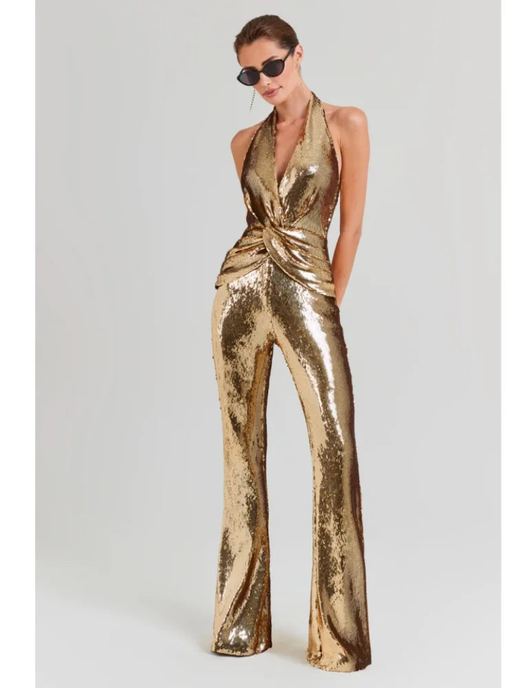 Gold Sequin Boot Cut Jumpsuit VestiVogue