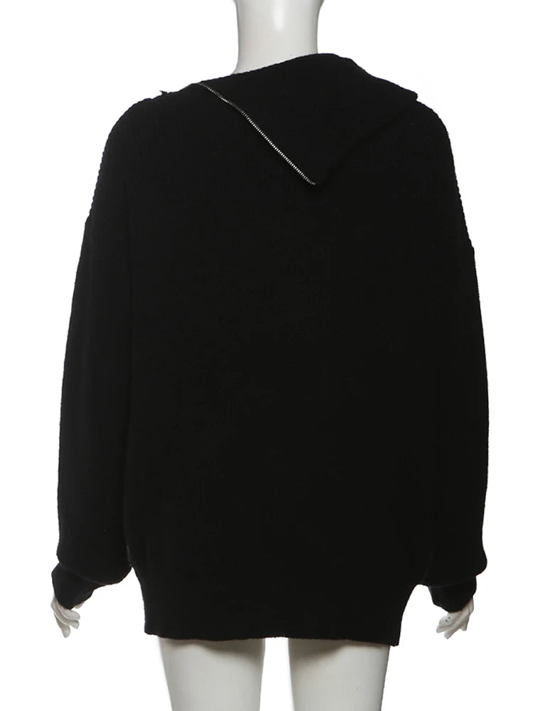 Chic Irregular Zip Knit Sweater with Turn-Down Collar VestiVogue