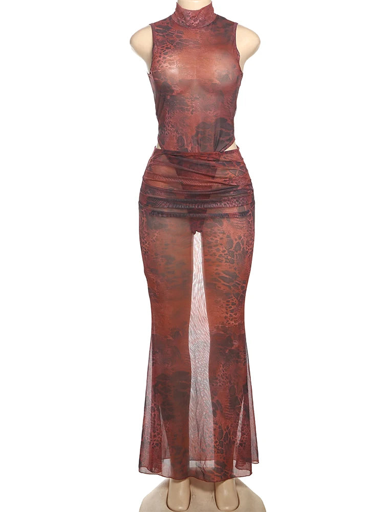 Leopard Print Bodysuit and Skirt Set VestiVogue