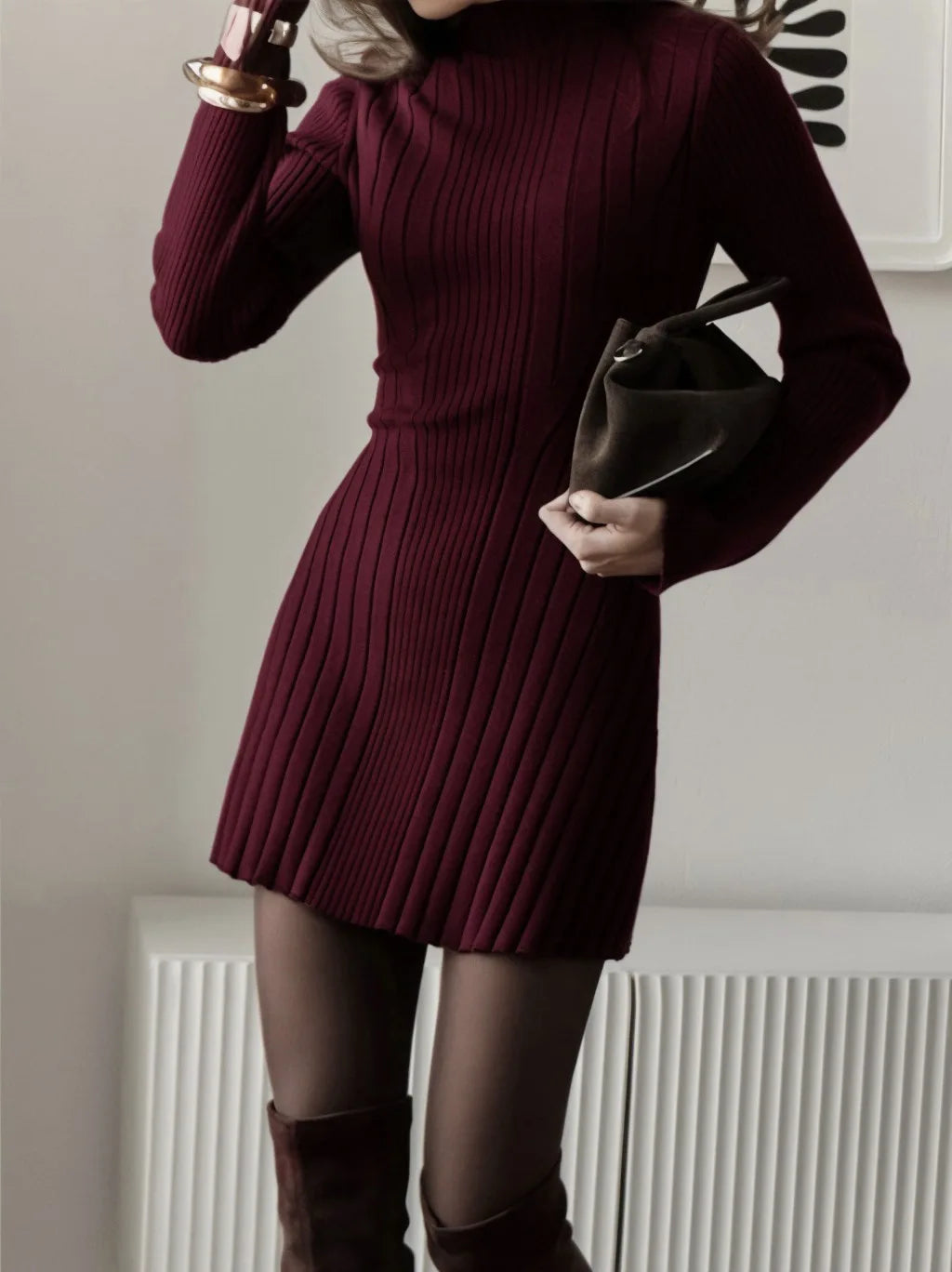 Elegant A-Line Knitted Dress with Semi-High Neck and Long Sleeves VestiVogue Dark Red 9677 L