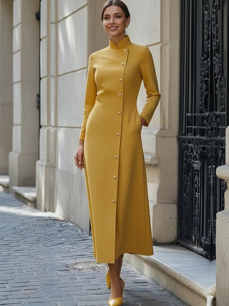 Stand Collar H-Line Midi Dress with Button Detail VestiVogue