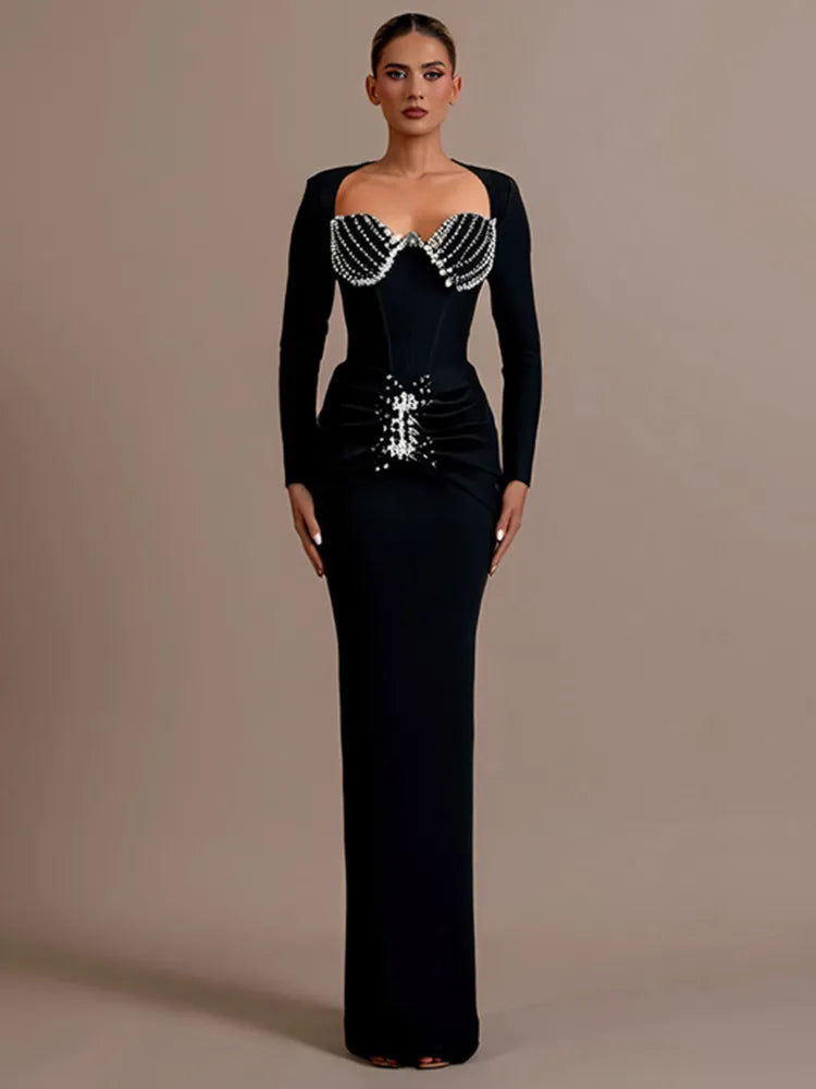 Elegant Black Maxi Bodycon Dress with Beading and Ruffles VestiVogue black XS