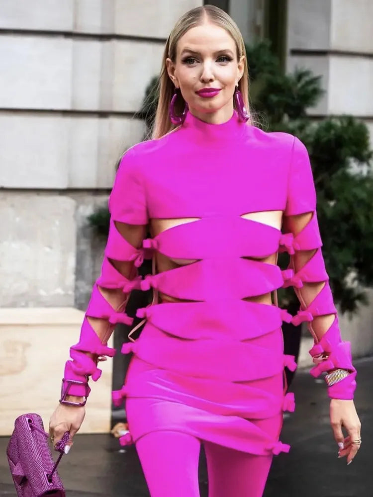 Hot Pink Turtleneck Bandage Dress VestiVogue  