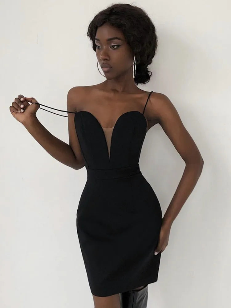 V Neck Backless Mesh Mini Bodycon Dress in White & Black VestiVogue