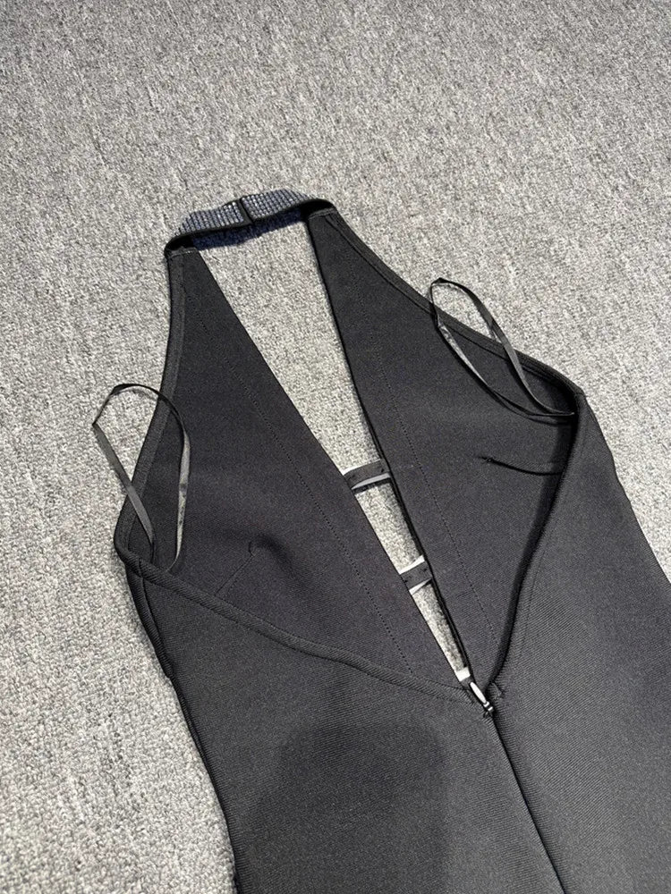 Backless Halter Bow Tie Black Midi Bodycon Dress VestiVogue