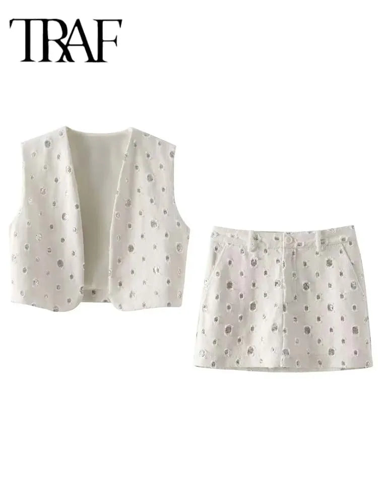 Shimmering Sequin Two-Piece Skirt Set with Sleek Zipped Skirt VestiVogue Set XS