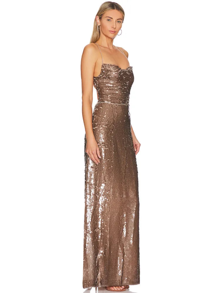 Backless Brown Sequin Maxi Dress VestiVogue