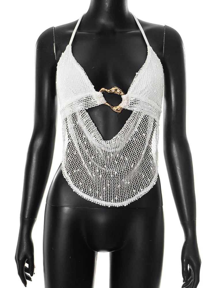 Hollow Mesh Backless Plaid Halter Top VestiVogue