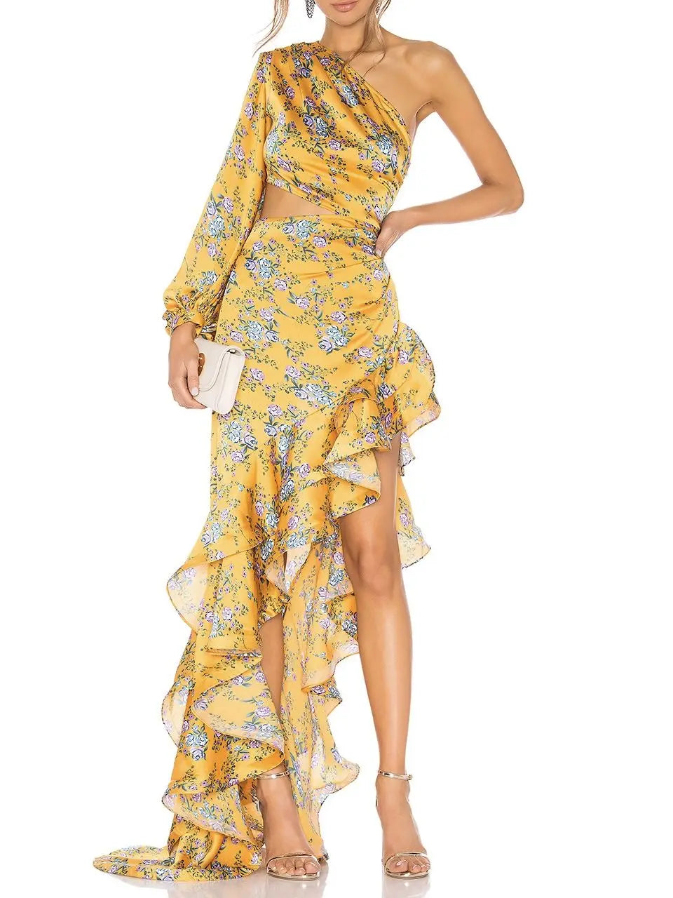 One Shoulder ruffled Long Chiffon Maxi Dress with split VestiVogue Yellow XL