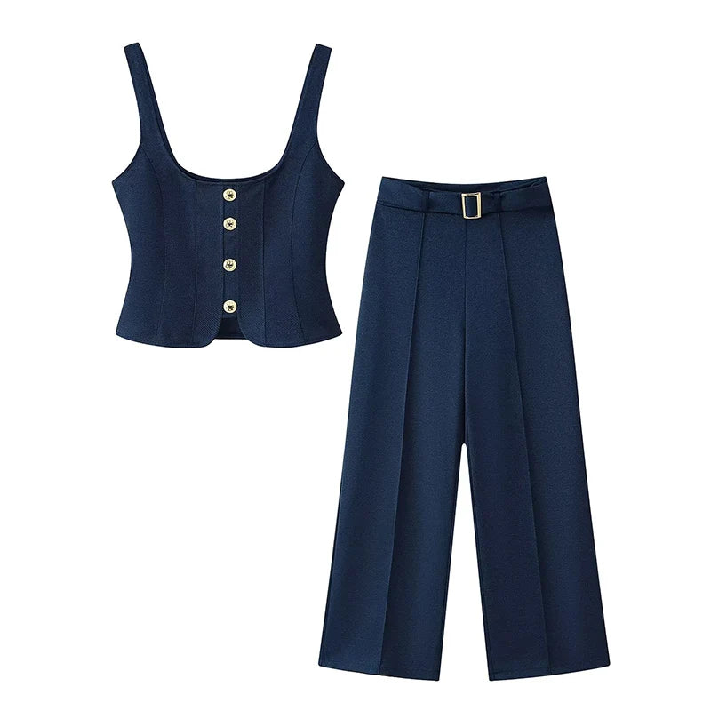 Chic Two-Piece Buttoned Top and Flare Trousers Set VestiVogue set S