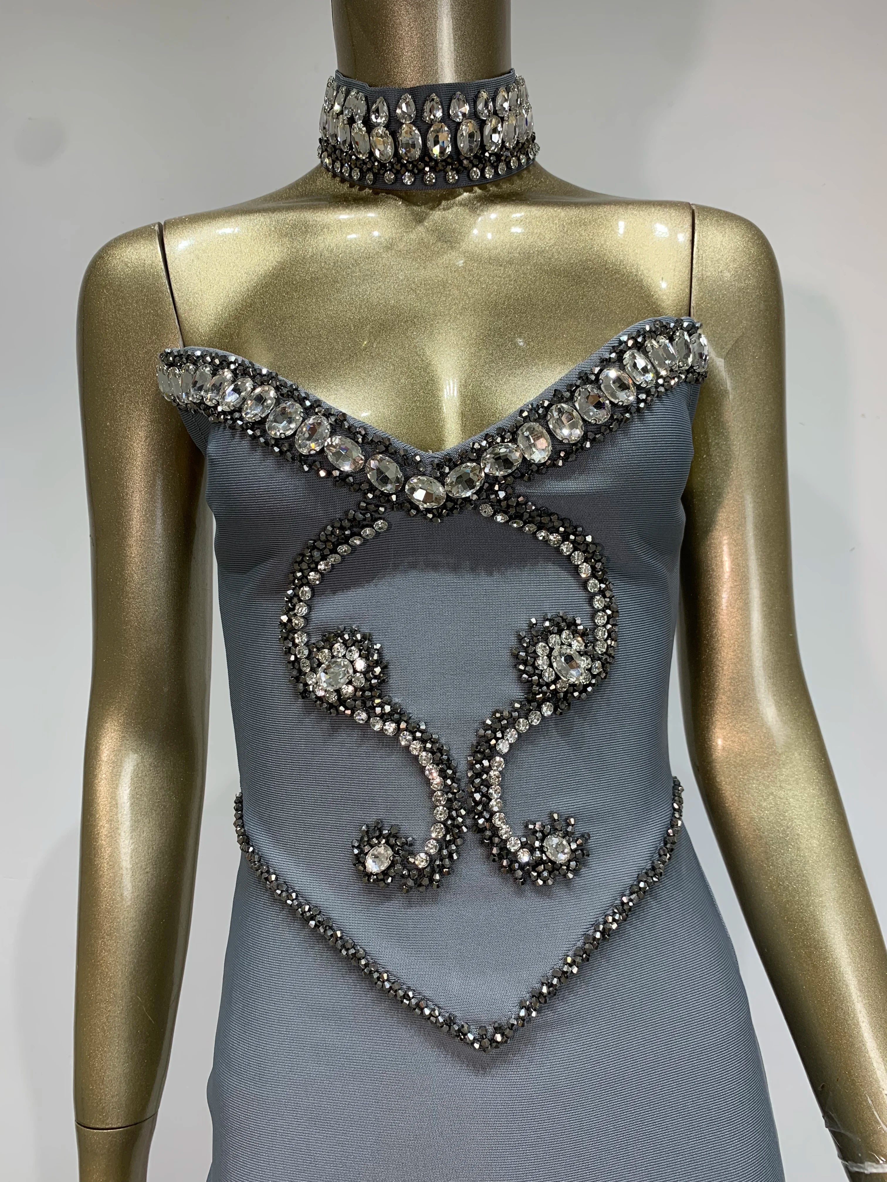 Beaded Grey Strapless Maxi Bodycon Dress VestiVogue