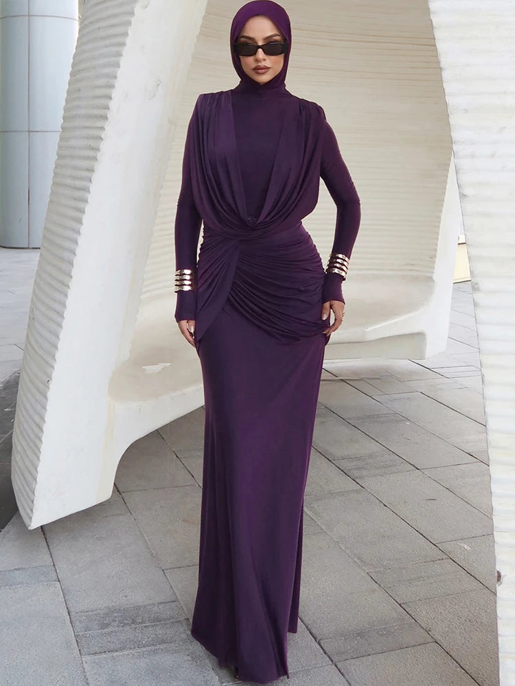 Elegant Ruched Peach Maxi Dress with Full Sleeves VestiVogue