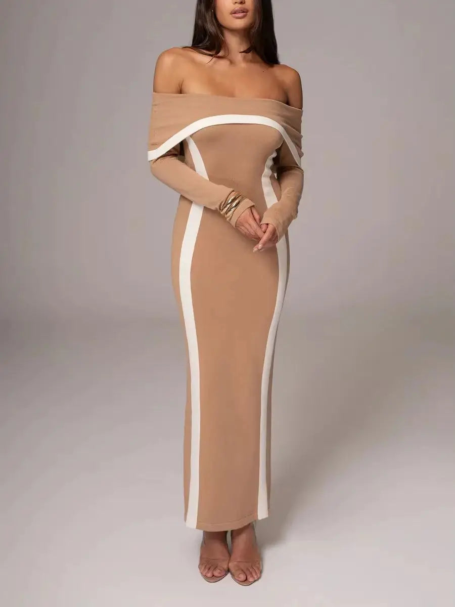 Luxury Off Shoulder Khaki Black Long Gown VestiVogue  